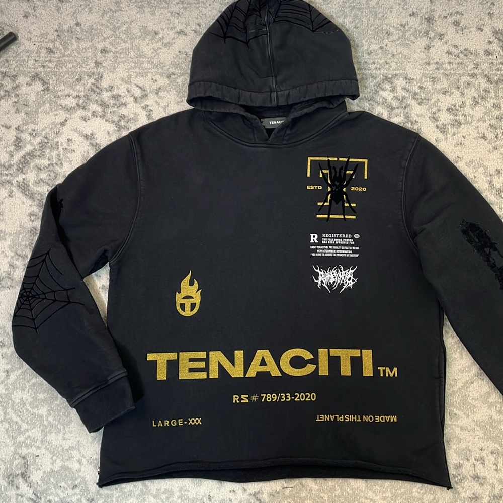 TENACITI Spider Black Hoodie 100% COTTON METALLIC GOLD VELVET SPIDER MENS SZ LG - Picture 6 of 16